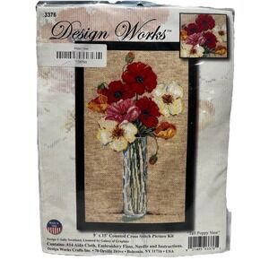 New DESIGN WORKS COUNTED CROSS STITCH PICTURE KIT Tall Poppies Vase 9"X 15" 3376
